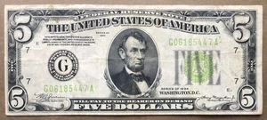 1934 $5 FRN ~ CHICAGO LGS ~ NO MOTTO ~ FREE SHIPPING ~ SN# G 0618 5447 A - Picture 1 of 3