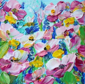 Petunia Flower Painting – Pink Wildflowers Bees Oil Painting – Impressionist - Picture 1 of 12