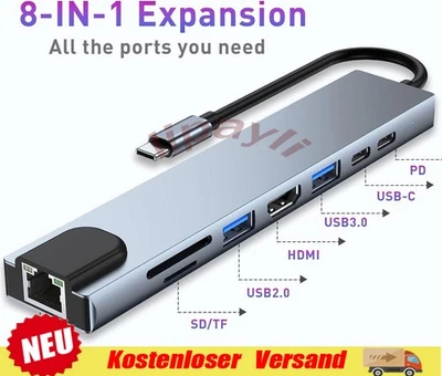 USB-C Hub 8IN1 Adapter 4K HDMI USB 3.0 LAN RJ45 Ethernet Micro SD Kartenleser DE - Bild 1 von 4