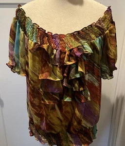 Y2K Sunny Leigh Off The Shoulder Sheer Cropped Short sleeve Blouse Colorful XL - Picture 1 of 11