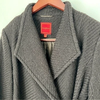 Gabardina para mujer Cole Haan marrón chocolate larga mezcla de lana piel de cordero mediana Foto 1 de 4