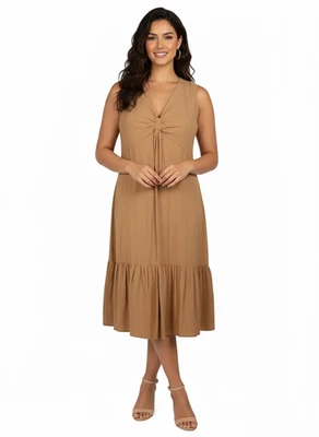 Calvin Klein Dress Size 4 Brown Textured Ruffled Sleeveless A-Line Midi NWT $119 - Image 1 of 4