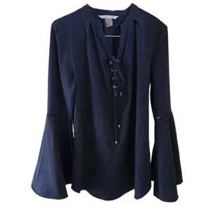 Nygard Navy Blue Lace-Up Bell Sleeve Blouse - Picture 1 of 4