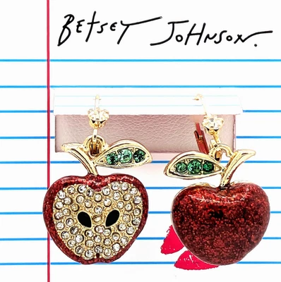 Betsey Johnson Glitter Apple Mismatched Drop Earrings with Glass Stones - Image 1 of 4