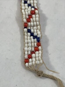 Vintage Beaded Bracelet White Red Blue Triangle Design Hand Strung - Picture 1 of 8