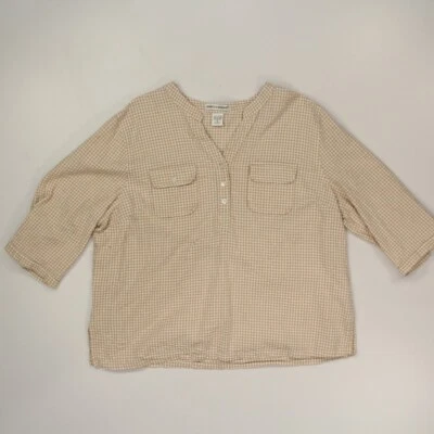 Rebecca Malone Women's Gingham Seersucker Popover Blouse Size XL Tan Old Money - Image 1 of 4