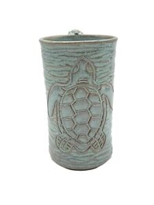 Williamson Pottery Teal Blue Etched Sea Turtle Coffee Mug Baby Turtle On Handle 