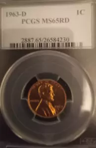 1963-D 1C RD Lincoln Memorial One Cent PCGS MS65RD - Bild 1 von 2