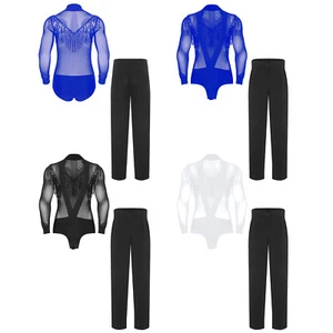 Men Outfits Bodysuit Set Chacha Suit Pants Practice Dance Stage High Waist - Picture 1 of 21