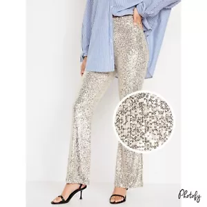 NWT Cute Women's Old Navy Silver Sequin Sparkle Easter Prom Party Flare Pants - Picture 1 of 6
