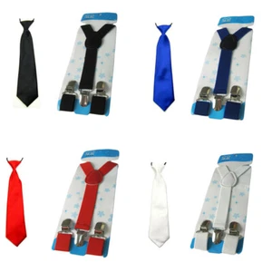 School Boy Solid Tie Elastic Suspender Set Kid Child Necktie Y-Back Brace BWT019 - Picture 1 of 5