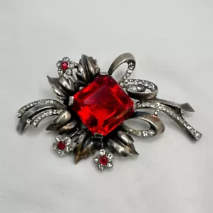 VINTAGE REJA STERLING SILVER FLOWER BROOCH PIN LARGE RED CRYSTAL BOUQUET LEAVES - Picture 1 of 13