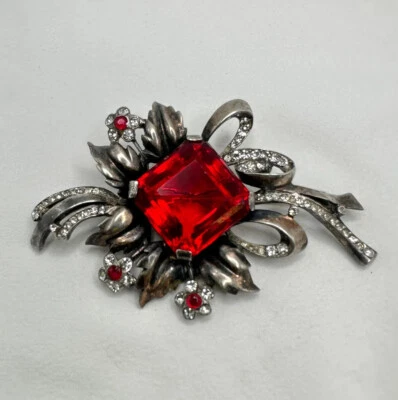 VINTAGE REJA STERLING SILVER FLOWER BROOCH PIN LARGE RED CRYSTAL BOUQUET LEAVES - Image 1 of 4