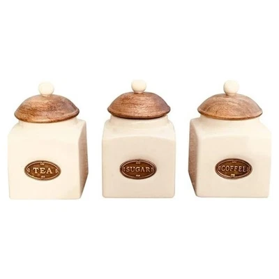 3Pc Ceramic Coffee Tea Sugar Jar with Wooden Lids Kitchen Table Storage Jars - Image 1 of 2