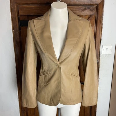 Mango Womens Brown 100% Leather One Button Blazer Jacket UK 12 - Image 1 of 4