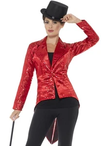 Mujer Rojo Disfraz Frac Lentejuelas Chaqueta Cabaret Showman Conjunto Smiffys - Imagen 1 de 4
