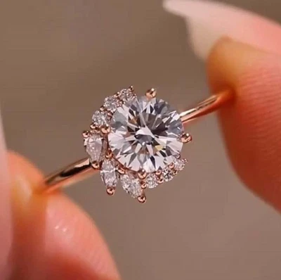 2 Ct Round Cut White Moissanite Cluster Set Engagement Ring 10K Solid Rose Gold - Image 1 of 4
