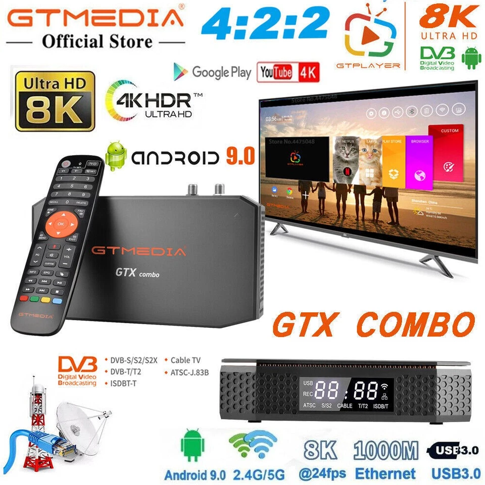 8K FTA DVB-S2X/T2/ATSC-T/C Satelliten TV Receiver Android Smart TV Box 4:2:2 CI+ - Bild 1 von 4