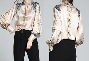 Women's Long Sleeves Flower Blouse Elegant Round Neck Top Shirt Clothing - Picture 1 of 6