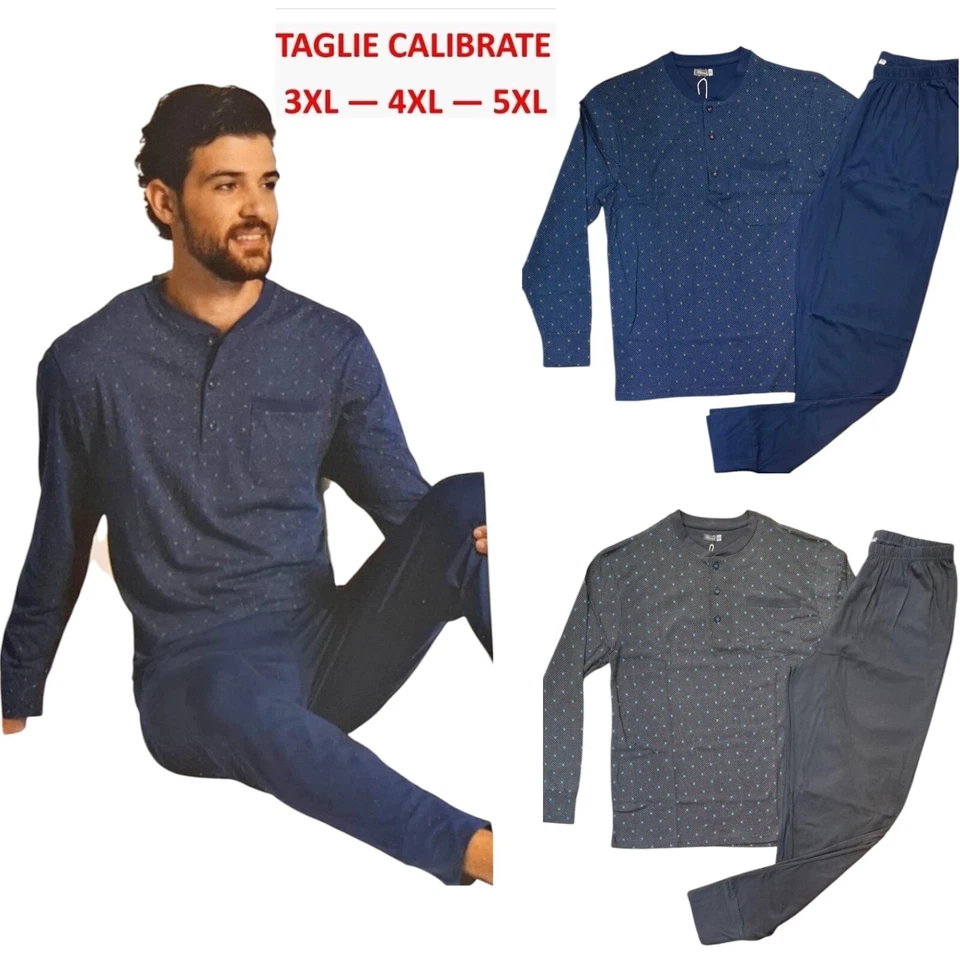 Pigiama uomo cotone estate taglie grandi forti calibrato maniche lunghe tasche - Image 1 of 1