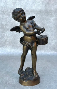 VINTAGE BRONZE SCULPTURE DRUMMER BABY ANGEL CHERUB BOY WITH WINGS FIGURINE 11" H - Picture 1 of 17