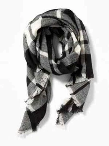 Sciarpa coperta lunga flanella Old Navy nuova con etichette scialle avvolgente pashmina tartan nero a quadri - Foto 1 di 4