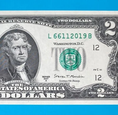 TRAILING YEAR 2019 (L 6611 2019 B) $2 Two Dollar Bill Serial Number 2017A *UNC* - Image 1 of 4