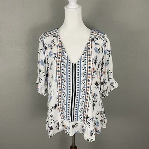 Lucky Brand Boho Top Size L Womens Blue Floral Rayon Crochet Ruffle Trim Blouse - Picture 1 of 7