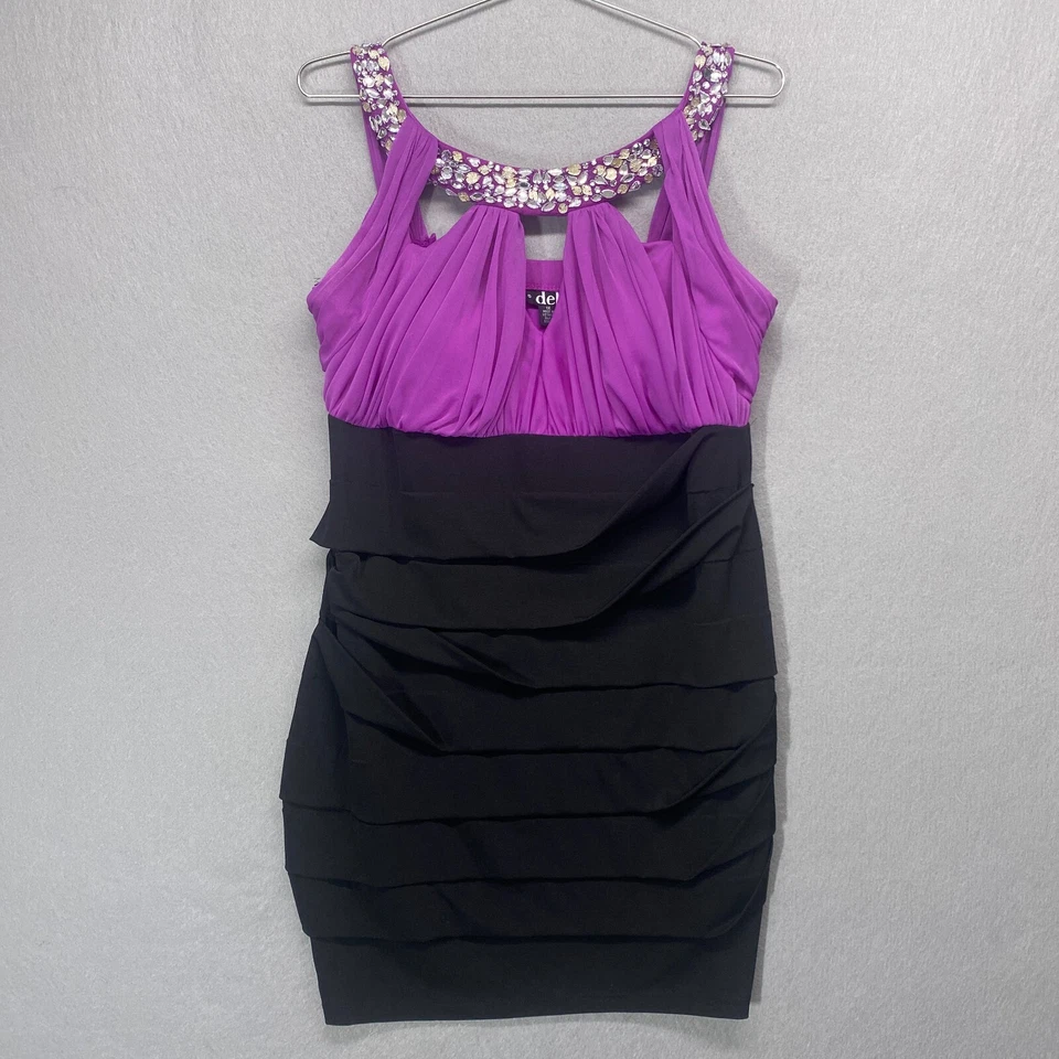 Vintage Deb Dress 1X Purple Black Halter Y2K Beaded Bodycon Party Dance - Image 1 of 4