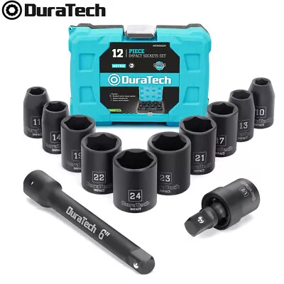 DURATECH 12PCS 1/2''Drive Impact Socket Set Metric Sockets Adapter Extension Bar - Image 1 of 4