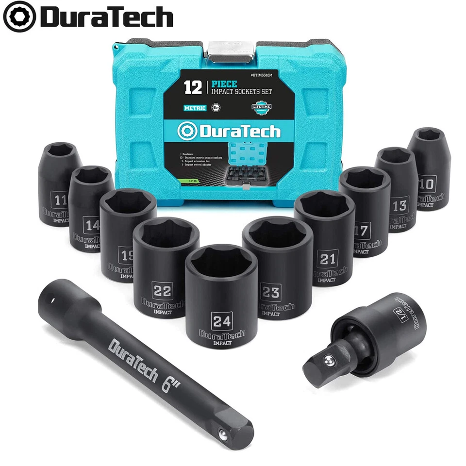 DURATECH 12PCS 1/2''Drive Impact Socket Set Metric Sockets Adapter Extension Bar - Image 1 of 4