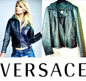 Versace Vintage 1999 Black Leather Logo Jacket 42 44 46 6 8 10 Y2K Coat Top M L - Picture 1 of 24