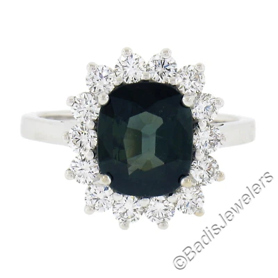 Nuevo anillo de oro blanco de 18 quilates con halo de diamantes y zafiro verde cojín GIA NO HEAT de 3,22 quilates Foto 1 de 4