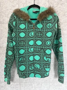 Volcom Women's Full Zip Hoodie Size S Green Brown Medallion Pattern Fur Detail - Picture 1 of 10