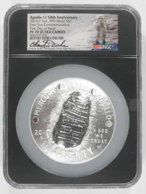 2019-P 5 Oz. .999 Silver Apollo 11 50th Anniversary Silver Round PF70 UCam Duke - Image 1 of 4
