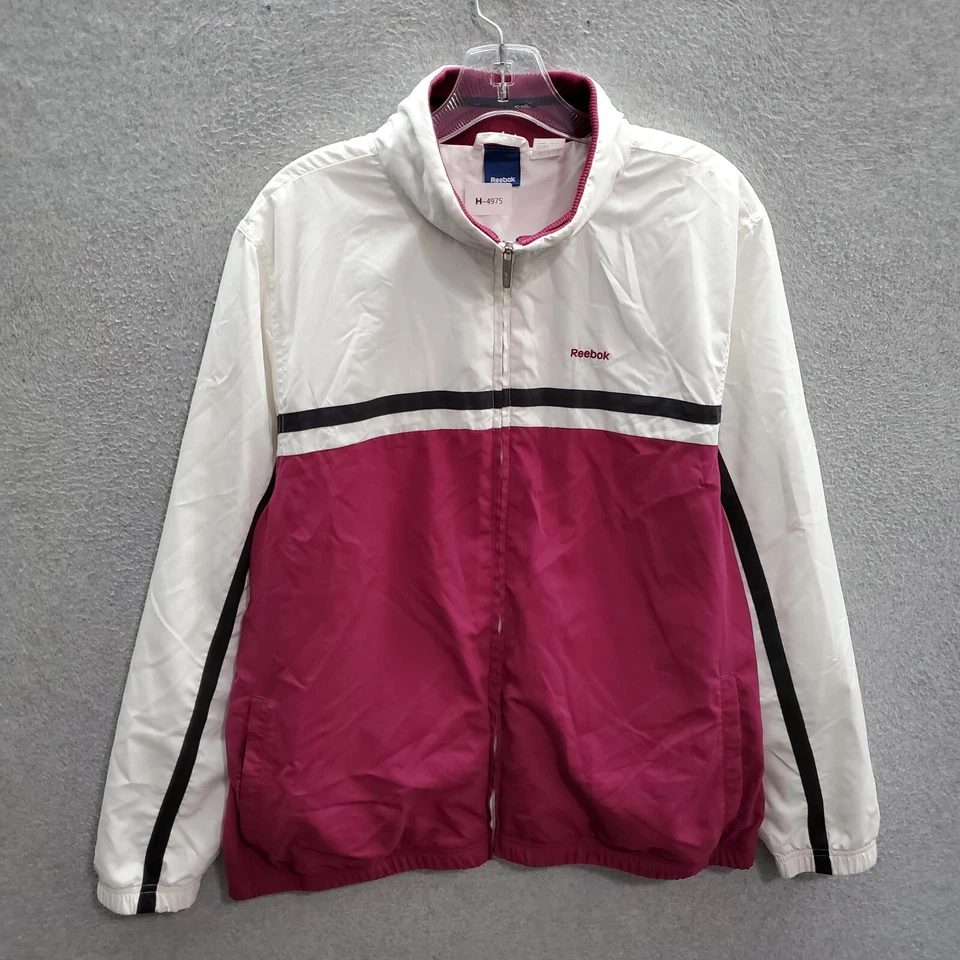 Chaqueta cortavientos Reebok para mujer XL blanca rosa bloque de color logotipo cremallera completa cuello falso Foto 1 de 4