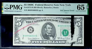 GEM 1969C $5 FEDERAL RESERVE NOTE-INK SMEAR ERROR/BEP REJECTION MARK- PMG#65 EPQ - Picture 1 of 4