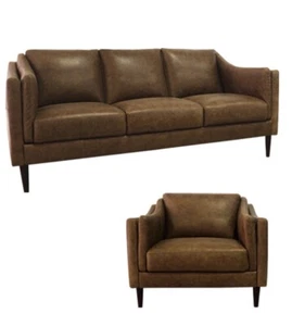 New Italian Leather Living Bianca Sofa And Chair Distressed Bomber Tan Leather - Picture 1 of 9