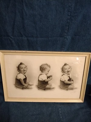VTG Mid-Century Baby Portrait Trio – Framed Photo Set 17.3"x11.5" – 1947 Signed - Image 1 of 4