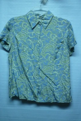 LIZ CLAIBORNE VINTAGE RETRO PSYCHEDELIC HIPPIE BLOUSE SHIRT SMALL SILK BLUE - Image 1 of 4