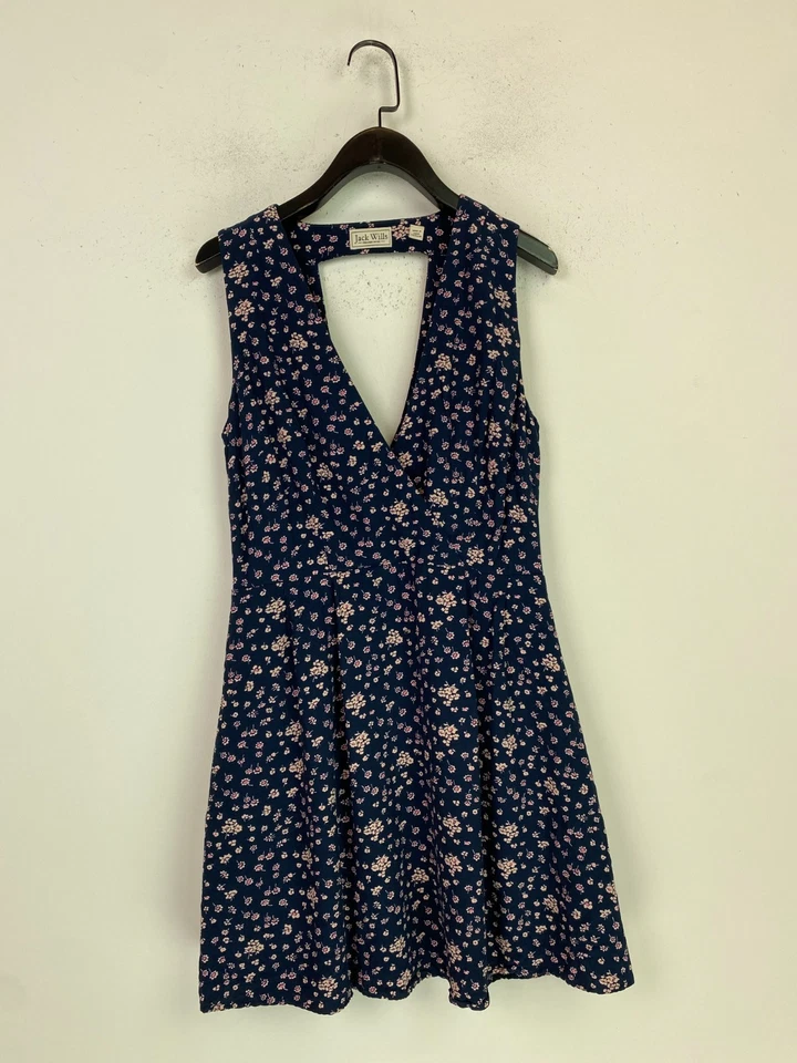 Jack Wills Navy Pink Floral Sleeveless Skater Dress Mini V Neck Summer UK 10 - Image 1 of 4