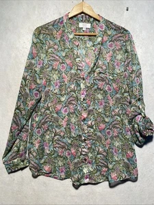 Kut from the Kloth Top Sheer Green Floral Roll Tab Sleeves Women's XL Pullover - Picture 1 of 8