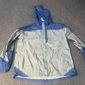 REI Jacket Mens 2XL Blue Gray Hooded Rain Shell Nylon Pit Zips Chest Pocket - Picture 1 of 13