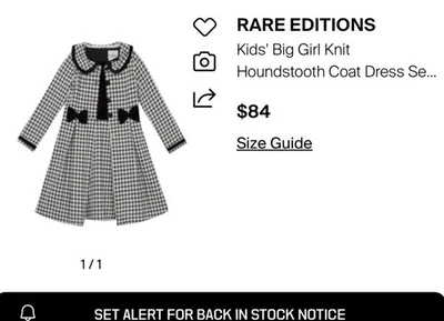 Rare Editions Black White Houndstooth Girls Coat & Dress Set Velvet Bows Trim 14 - Image 1 of 4