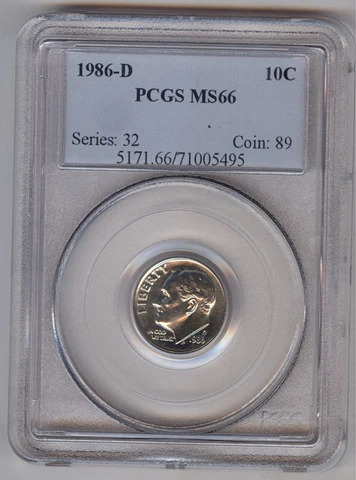 1986-D Roosevelt Dime 10C + PCGS + MS 66 Cover