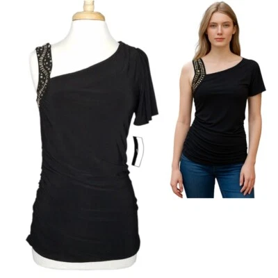 J.T.B. Nuevo top fruncido de un hombro con detalles tachonados negros talla pequeña para mujer Foto 1 de 4
