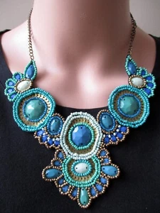 Beaded Seed Bib Statement Collar Necklace Multi Turquoise On Velvet Art Deco - Picture 1 of 21