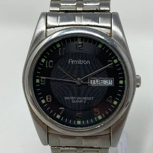 Armitron Watch Men 36mm Silver Tone Day Date Black Dial Stretch Band New Battery - Picture 1 of 14