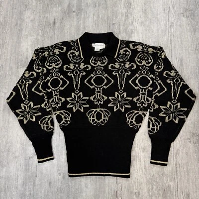ANTIGO SUÉTER DE MALHA RETRÔ ANOS 80 90 OUTLANDER FEMININO OURO METÁLICO PRETO COLARINHO P - Imagem 1 de 4