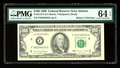 DBR 1990 $100 FRN Atlanta Fr. 2173-F PMG 64 EPQ Serial F38298030A - Image 1 of 2